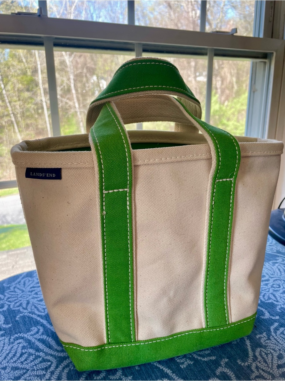Lands' End Cream Canvas Tote with Green Trim
